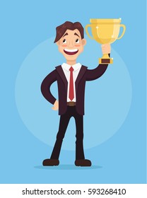 Celebrating happy smiling businessman winner office worker character hold golden cup. Vector flat cartoon illustration