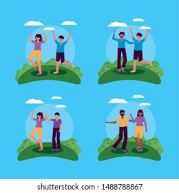 celebrating happy young group people dance jump outdoor vector illustration