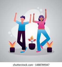 celebrating happy young man and woman design vector illustration