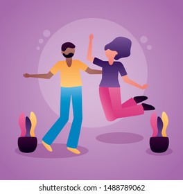 celebrating happy young man and woman jumping design vector illustration