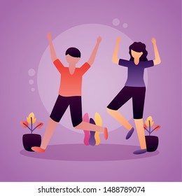 celebrating happy young man and woman jumping design vector illustration