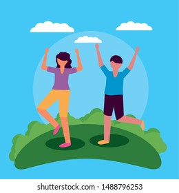 celebrating happy young man and woman hands up in the park vector illustration