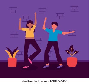 celebrating happy young man and woman dancing together vector illustration