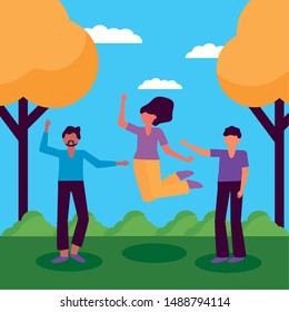 celebrating happy young man and women park landscape vector illustration