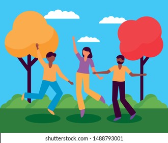 celebrating happy young men and woman jump dancing park vector illustration