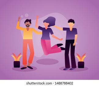 celebrating happy young people men and woman jump design vector illustration