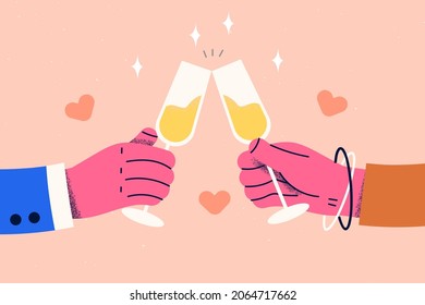 Celebrating holiday with champagne concept. Human hands cheering clinking glasses with sparkling wine together celebrating vector illustration 