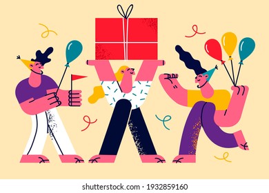 Celebrating holiday, party, having fun concept. Group of happy people raising hands celebrating holiday with colorful balloons and holiday present boxes vector illustration