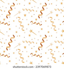 Celebrating holiday seamless pattern with confetti on white background. Hand drawn golden stars. Trendy print design for textile, wallpaper, interior decoration