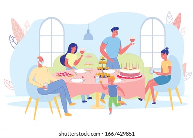 Celebrating at Home with Closest People, Banner. Father Hold Glass, Tells Toast. His Wife, Grandfather and Daughter are Listening Carefully to him, and Little Son Having Fun on other Side Table.