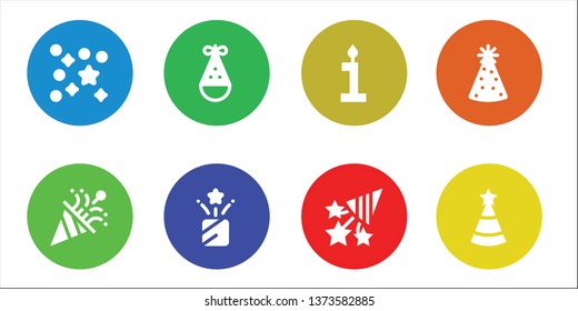 celebrating icon set. 8 filled celebrating icons.  Collection Of - Confetti, Party hat, Birthday