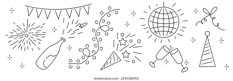 Celebrando íconos en estilo doodle en Vector. Elementos para la decoración del logotipo del diseño de la etiqueta engomada del cartel en cumpleaños, año nuevo, Navidades