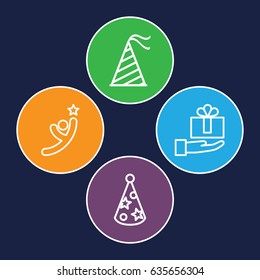 Celebrating icons set. set of 4 celebrating outline icons such as party hat, winner