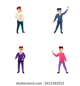 Celebrating icons set cartoon vector. Group of men having fun. Victory and success concept