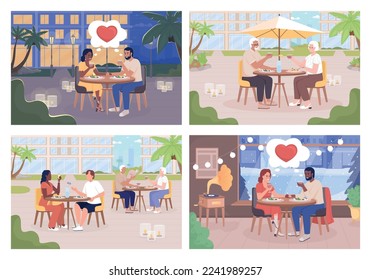 Celebrating important date flat color vector illustration set. Romantic dinner. Couple at restaurant. Vacation together. Fully editable 2D simple cartoon characters pack with cityscape on background