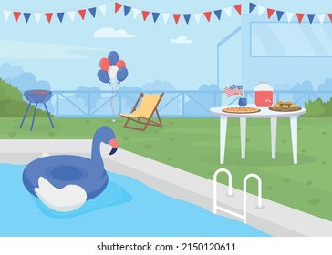 Celebrating Independence day of America at poolside flat color vector illustration. Festive party at courtyard. Patriotism 2D simple cartoon landscape with festive decor on background