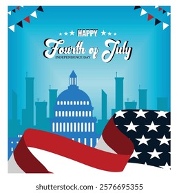 Celebrating Independence Day with patriotic symbols, featuring an American flag and city skyline. Flat vector modern illustration 