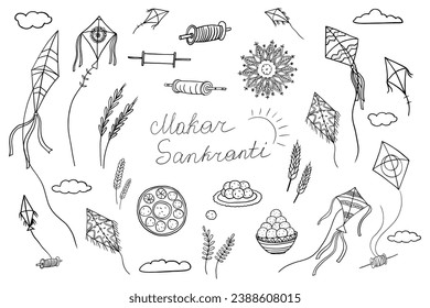 Celebrando el festival indio Happy Makar Sankranti. Cometa, centeno, espigón, tambores, trigo, cosecha, sol. La observancia hindú y un festival. Excelente para tarjeta de saludo, pancarta, afiche. Dibujo de mano