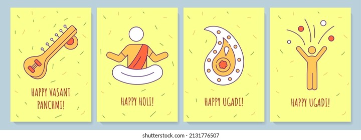 Celebrating indian holidays greeting cards with color icon element set. Postcard vector design. Decorative flyer with creative illustration. Notecard with congratulatory message on yellow