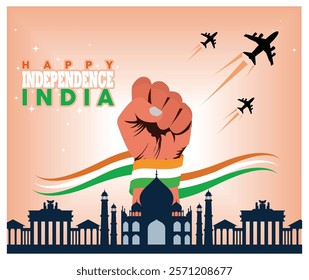 Celebrating Indian Independence Day with Indian flags and clenched fists, bright colors, and symbolic gestures that emphasize patriotism and national pride. Flat vector modern illustration 