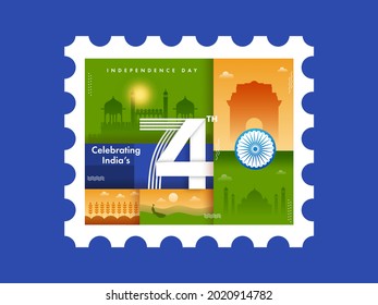 Celebrating India's 74th Independence Day Concept With Famous Monument On Blue Background.