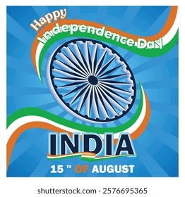 Celebrating India's Independence Day on August 15th, featuring the prominent Ashoka Chakra and tricolor elements symbolizing freedom and patriotism. Flat vector modern illustration 