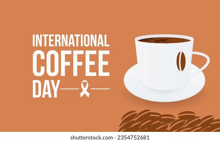 Celebración del Día Internacional del Café con alubias aromáticas y brotes reconfortantes. Plantilla de Ilustración del Vector de Cultura del Café Global.