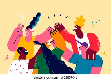 Celebrating International friendship day concept. Group of young positive people doing high five together, young generation celebrating social event holiday vector illustration