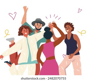 Celebrating International friendship day concept. Group of young positive people doing high five together, young generation celebrating social event holiday vector illustration