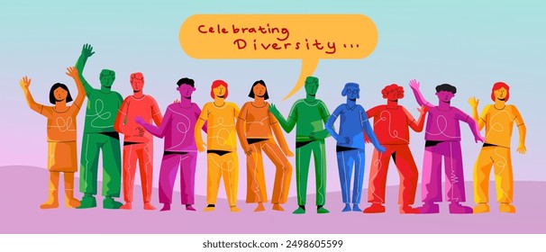 Celebrating international friendship day concept vector design. Group of positive young people together, social event holiday background.