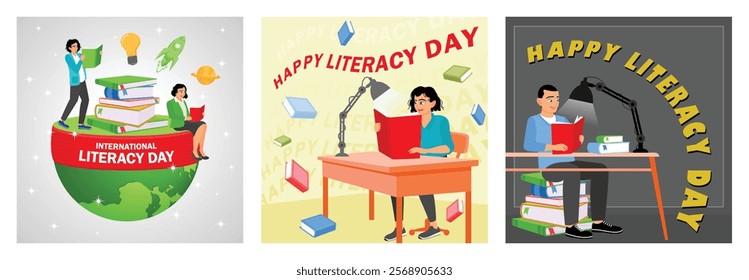 Celebrating International Literacy Day, September 8.A woman sits in a chair and reads a book. Colorful books in the background. Happy Literacy Day concept. Set flat vector illustration.