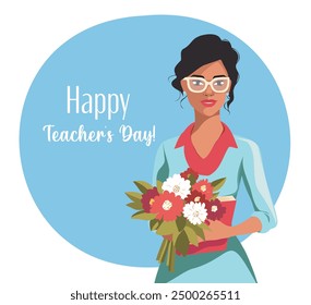 Celebrating international teacher's day. Beautiful teacher with a bouquet of flowers in her hands. Happy Teacher's Day on October 5th. Vector illustration. Poster, banner, flyer, greeting card