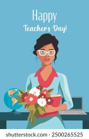 Celebrating international teacher's day. Happy Teacher's Day on October 5th. Beautiful young teacher with a bouquet of flowers in her hands. Vector illustration. Poster, banner, flyer, greeting card