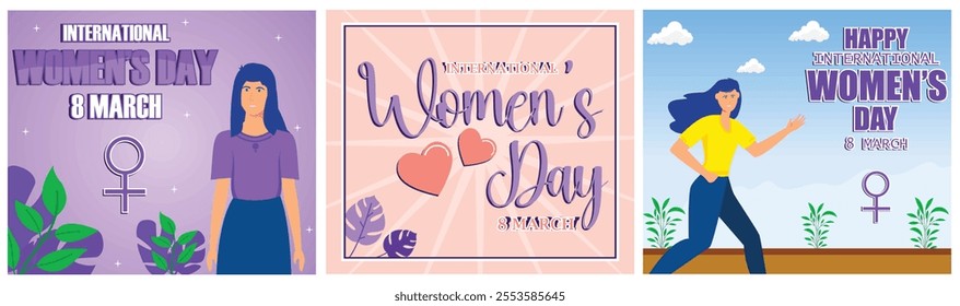 Celebrating International Women Day on 8 March. Heart designs and bold text. a woman in motion against a dynamic backdrop. Set flat vector modern illustration  