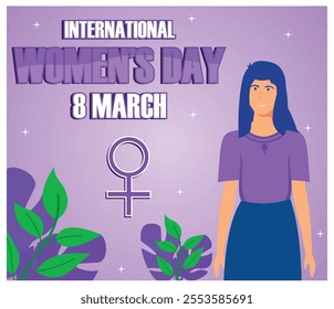 Celebrating International Women Day on 8 March, featuring a confident woman in purple with symbolic elements. Ideal for empowerment, equality, and recognition themes. Flat vector modern illustration  