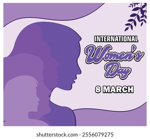 Celebrating International Women Day on March 8th, featuring artistic silhouettes of women in purple shades, symbolizing unity, empowerment. Flat vector modern illustration  