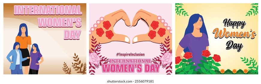 Celebrating International Women Day with three empowered Women. Hands Love and Unity. Rose plants. Set flat vector modern illustration 