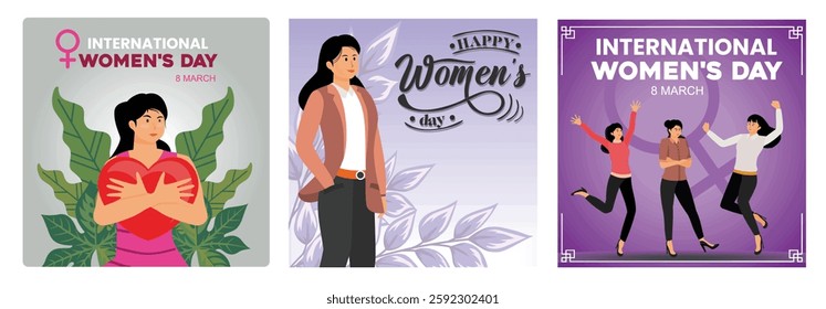 Celebrating International Women's Day. Confident woman in formal attire, purple tones, and decorative details. Three women depicted celebrating unity, empowerment, and community. 