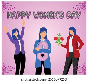 Celebrating International Women's Day with diverse women in cheerful poses. Symbolizes empowerment, unity, and women's achievements. Flat vector modern illustration 