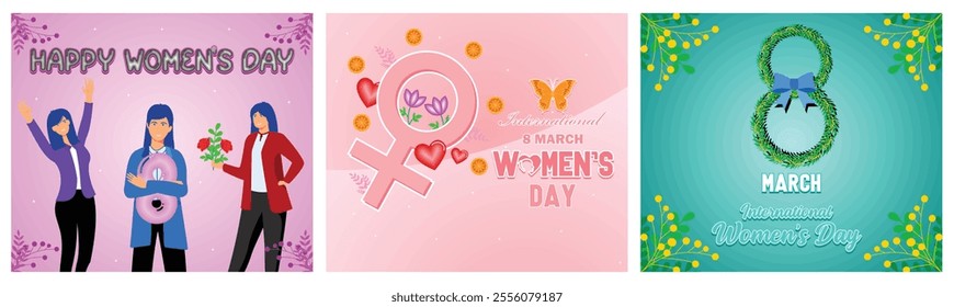 Celebrating International Women's Day with Empowering. Tulips flowers and butterfly. March 8 with Decorative Design. Set flat vector modern illustration 