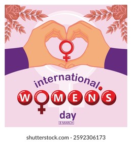 Celebrating International Women's Day with the feminism symbol and hands forming a heart shape, conveying the themes of women empowerment, equality, and appreciation. Flat vector modern illustration 