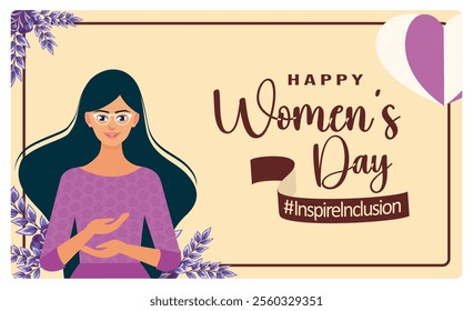 Celebrating International Women's Day with girls and flower decorations. Inspirational text that emphasizes inclusion and happiness. Women's Day concept. Flat vector illustration.