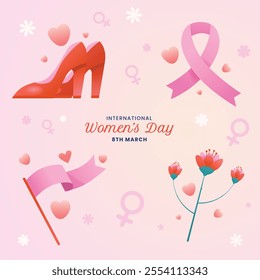 Celebrating International Women's Day with hearts, flowers, and a shoe on a pink background. Suitable for promoting women's empowerment.
