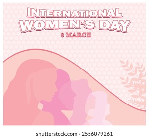 Celebrating International Women's Day on 8 March. Featuring pink silhouettes of diverse women, symbolizing empowerment and unity. Flat vector modern illustration 