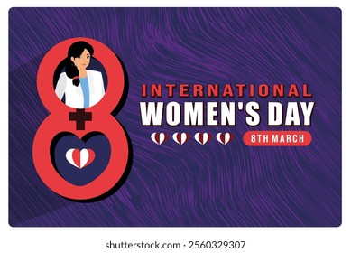 Celebrating International Women's Day on March 8. Typography on purple background. Women's Day concept. Flat vector illustration.