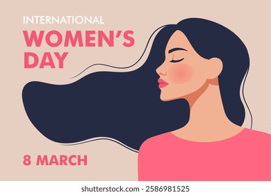 Celebrating International Women's Day on March 8. Woman empowerment and recognition of female contributions. Woman with flowing hair, symbolizing strength and grace. Vector illustration.