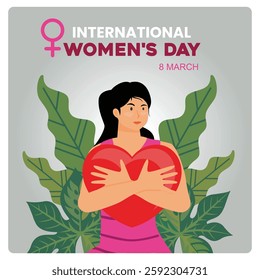 Celebrating International Women's Day. A woman holding a heart symbol, surrounded by leaves, celebrating International Women's Day on March 8. Flat vector modern illustration 