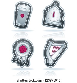 Celebrating irish St. Patric day concept, included icons from left to right, top to bottom:  Beer, Church, Clover banner, Lyra.