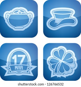 Celebrating irish St. Patric day concept, included icons from left to right, top to bottom:  Leprechaun Golden Pot, Leprechaun green hat, St. Patric Day, Clover.