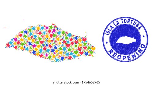 Celebrating Isla La Tortuga map collage and reopening unclean seal. Vector collage Isla La Tortuga map is done with random stars, hearts, balloons.